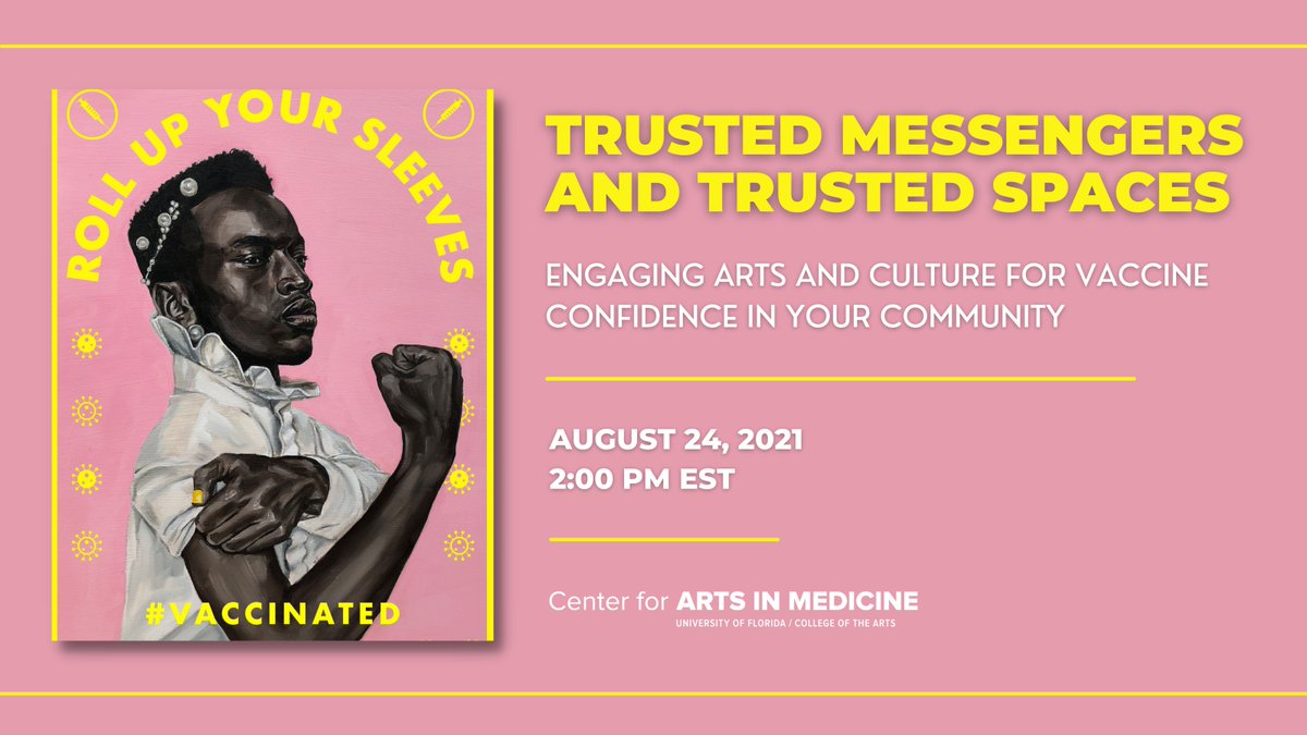 Join us @ 2 pm tomorrow for "Trusted Messengers and Trusted Spaces," a webinar on engaging the arts to promote vaccine confidence! Speakers include <a href="/NEAarts/">Nat'l Endow f/t Arts</a> Chief of Staff <a href="/Ra_Joy/">Ra Joy</a> &amp; Director of Research and Analysis Sunil Iyengar.  

Register here: bit.ly/CDCArtsWebinar