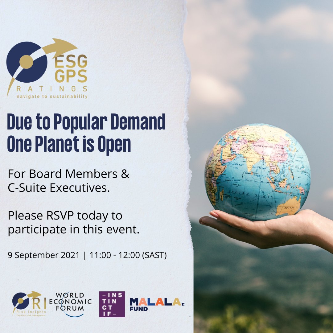 riskinsightsri's tweet photo. Due to popular demand, One Planet is now open for Board Members and C-Suite Executives. Please RSVP today to participate in this event.
#ESG #Executives  #ESGGPS #riskinsights #instinctif  #southafrica #webinar #conference #WEF #WorldEconomicForum #MalalaFund #ESGChairs https://t.co/XPtMbk7f5p