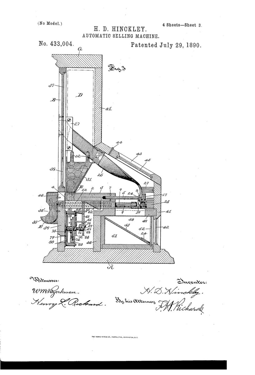 ChewytheSeal's tweet image. AUTOMATIC SELLING MACHINE - US433004A
Inventor - H D Hinckley
Granted in 1890

#TeamSeal #practicalpatent #justaddbacon 

@ExplodingPossum @JillLum1 @Pixieprogrammer @gypsea1997 @BrazilBonny @chirpykittys @fred7722 @SilentHeadbang1