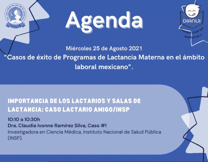 1CINyS's tweet photo. APARTA LA FECHA
Este miércoles 25 de agosto, nuestra investigadora, la Dra. @IvonneRamirezS4, participa en el ciclo de seminarios #LactanciaMaterna en el trabajo, donde presentar el caso lactario amigo del @inspmx
🕙 10:10am
Proteger la #lactancia, una responsabilidad compartida https://t.co/OTxLYESDFO