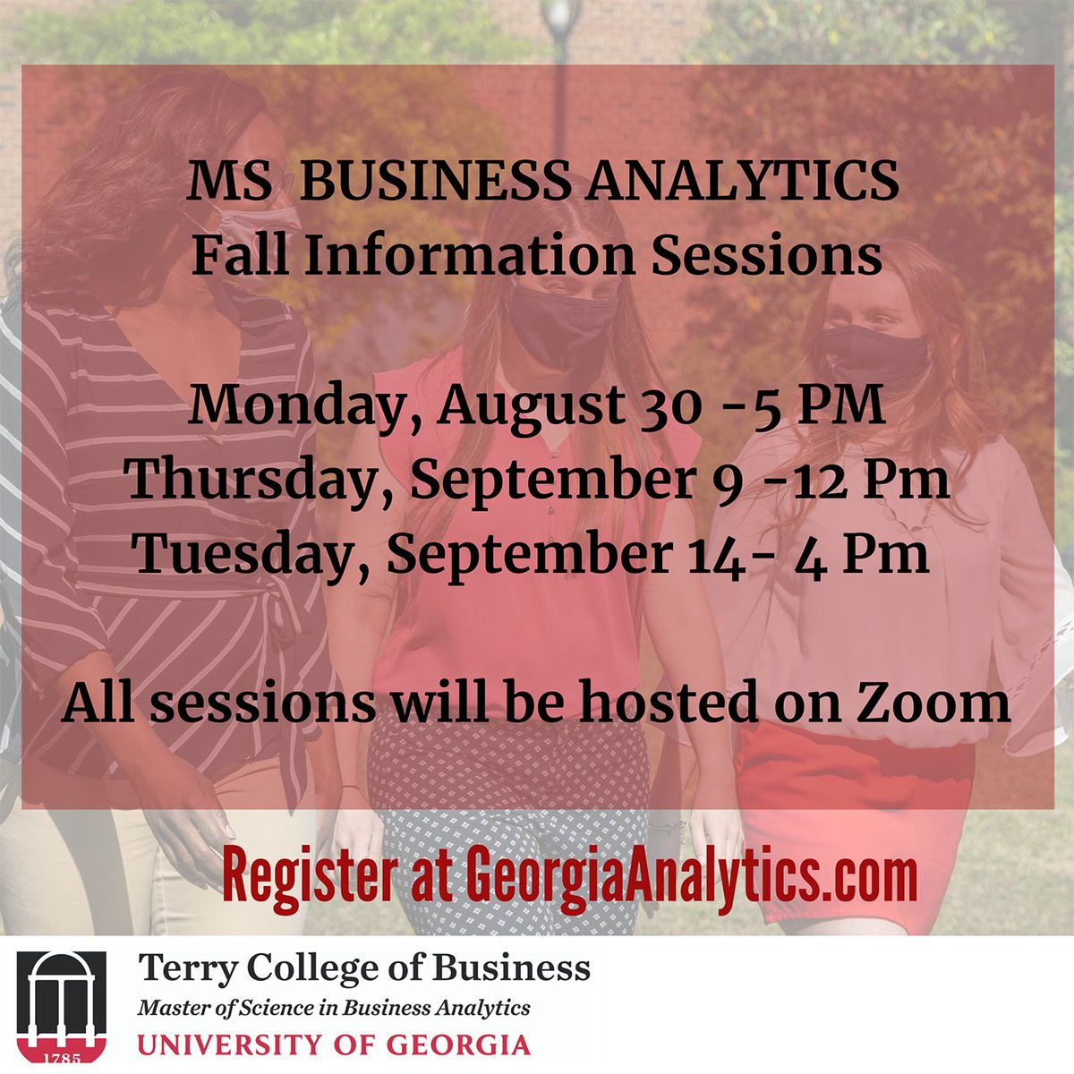 Georgianalytics's tweet photo. Join a MSBA information session this fall! Learn more about the program and what the curriculum entails. All information sessions will be hosted virtually on Zoom. 
Register at https://t.co/DxqSroEQYk https://t.co/KFe4IvCl0A