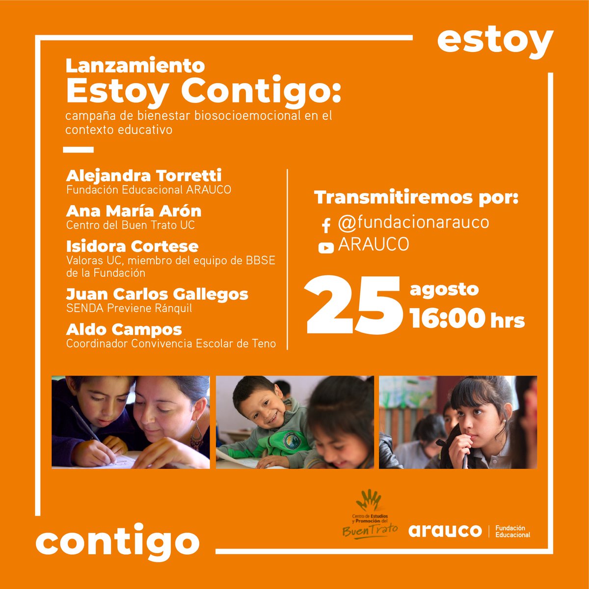LODESTARONBASE's tweet photo. Este miércoles se realizará el lanzamiento de Estoy Contigo: campaña de bienestar biosocioemocional en el contexto educativo. 

Únete a través de la fanpage de Fundación Educacional Arauco y del canal de Youtube de ARAUCO. 

+información: https://t.co/p370ef9asz https://t.co/uFHo5qhxKQ