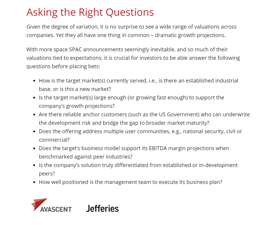 .<a href="/Avascent/">AV ASCENT</a> and <a href="/Jefferies/">Jefferies</a> analysis of the space SPAC trend, as well as questions investors should be asking:

White paper: avascent.com/news-insights/… $ASTR $ASTS $CENH $CFV $DMYQ $GNPK $MNTS $NGCA $SFTW $SPCE $SPIR $VACQ