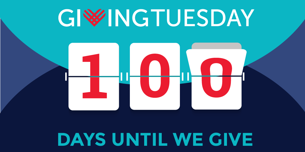 an abstract blue and teal background with a graphic of an old fashioned "flippy" countdown. It says "GivingTuesday. 100 Days until we give."