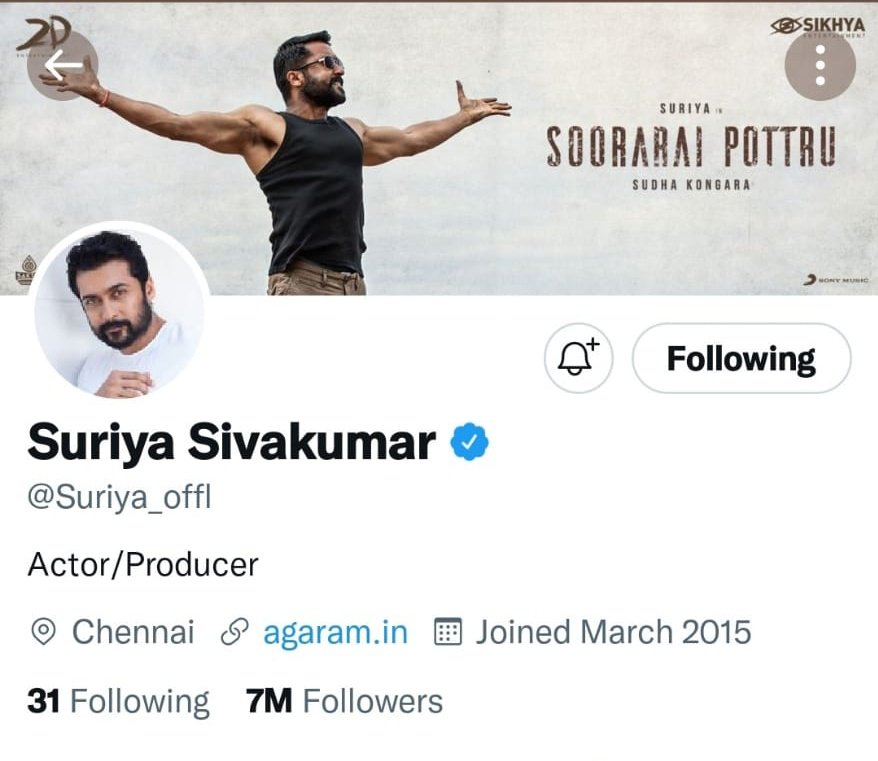 SuriyaFansClub's tweet photo. • The FASTEST SOUTH INDIAN Actor To Reach 7M+ followers on Twitter  ~ @Suriya_offl 💥 

#VaadiVaasal #JaiBhim #EtharkkumThunindhavan #Suriya https://t.co/edYbRcc1G7