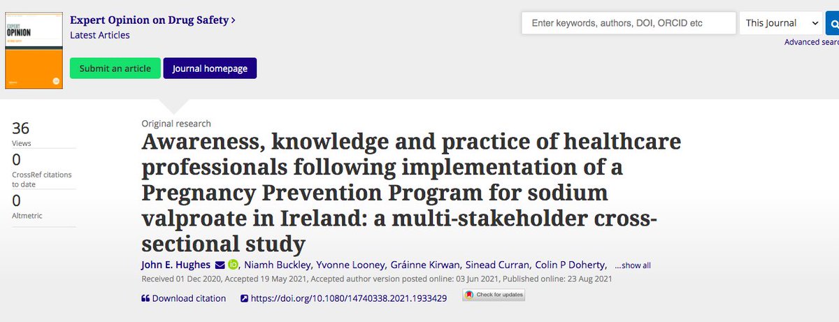 Just published:

Our study examining awareness, knowledge & practice of healthcare professionals following implementation of a #PregnancyPreventionProgramme for #SodiumValproate in Ireland.

#Valproate #Epilim #Dépakine #PatientSafety #Epilepsy

tandfonline.com/eprint/VWMEVV4…