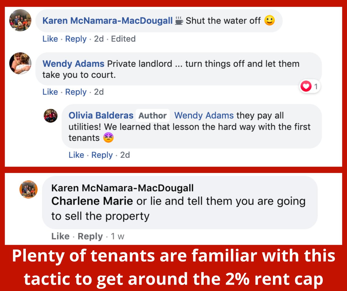 NSACORN's tweet image. For the last year and a half, ACORN members have been in a Facebook group called ‘Landlords Unite’. We’ll be sharing screenshots of some of the things that landlords have said in this group over the course of the week in rounds.

Today's theme is evictions! 

1/4