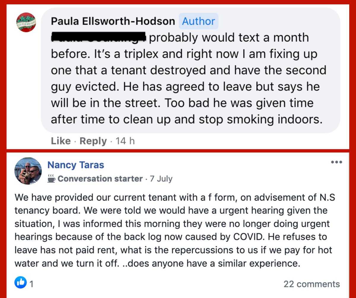 NSACORN's tweet image. For the last year and a half, ACORN members have been in a Facebook group called ‘Landlords Unite’. We’ll be sharing screenshots of some of the things that landlords have said in this group over the course of the week in rounds.

Today's theme is evictions! 

1/4