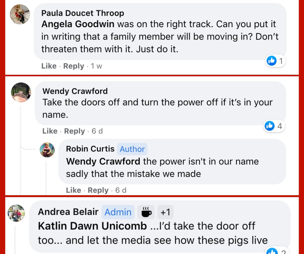 NSACORN's tweet image. For the last year and a half, ACORN members have been in a Facebook group called ‘Landlords Unite’. We’ll be sharing screenshots of some of the things that landlords have said in this group over the course of the week in rounds.

Today's theme is evictions! 

1/4