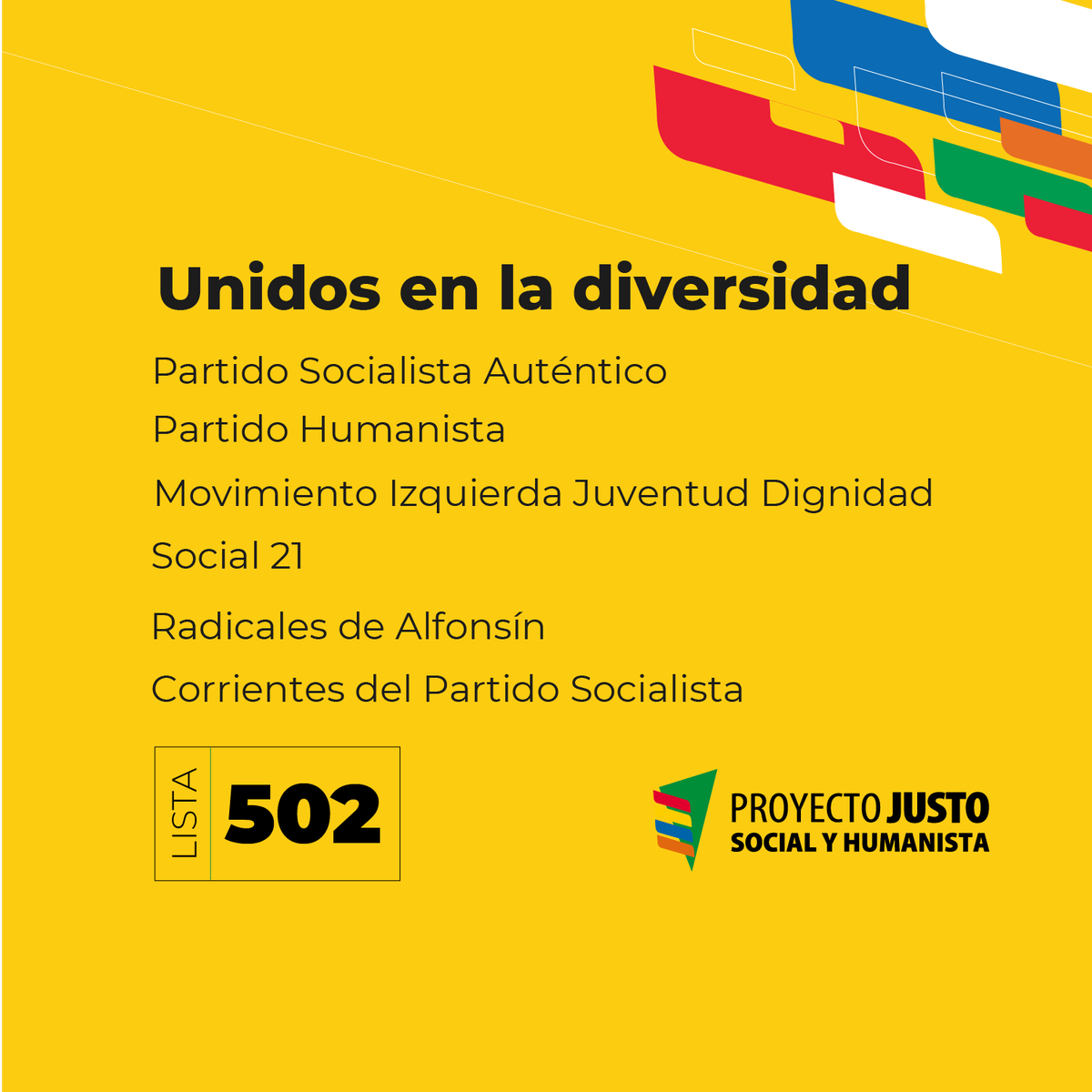 proyecto_justo's tweet photo. Unidos en la diversidad ⬇️
En estas PASO 2021 | Lista 502
🟩 🟦🟥 🟧 🟨

#ProyectoJUSTO ✊🏻

#Paso2021 #Candidatura #Argentina https://t.co/DOtO9MvgJq