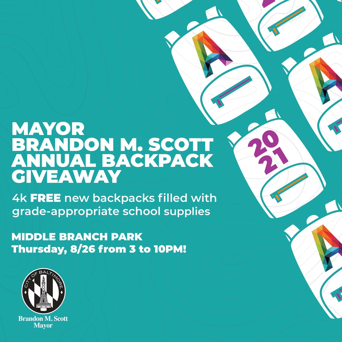 One more week until school starts! Join us at the Mayor's Annual Backpack Giveaway this Thursday for a FREE backpack and school supplies. 

Middle Branch Park, 3301 Waterview Ave.
1 backpack per student present
Giveaway starts 3pm, while supplies last