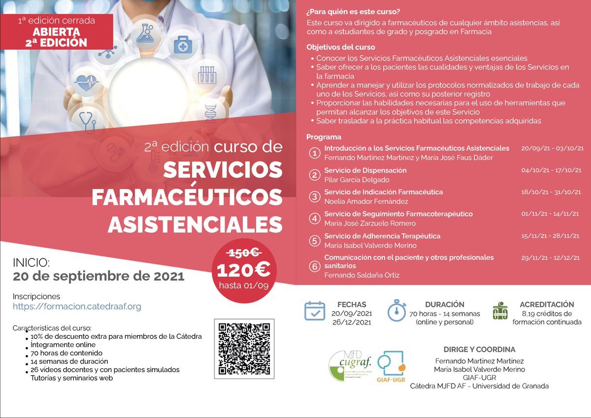 catedraaf's tweet photo. 😄Hola compañeros! Está ABIERTO EL PLAZO DE INSCRIPCIÓN para la 2a Edición del Curso de Servicios Farmacéuticos Asistenciales el cual se llevará a cabo en FORMATO ONLINE! https://t.co/AlQCfRIQKs