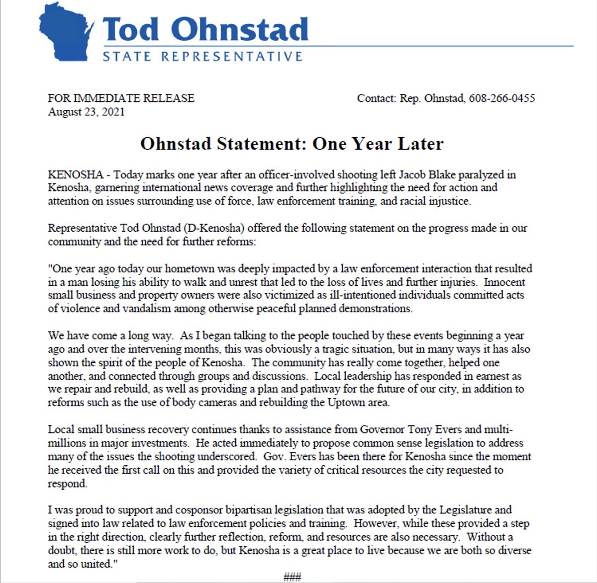 Today marks one year after an officer-involved shooting left Jacob Blake paralyzed in Kenosha, garnering international news coverage and further highlighting the need for action and attention on issues surrounding use of force, law enforcement training &amp; racial injustice.