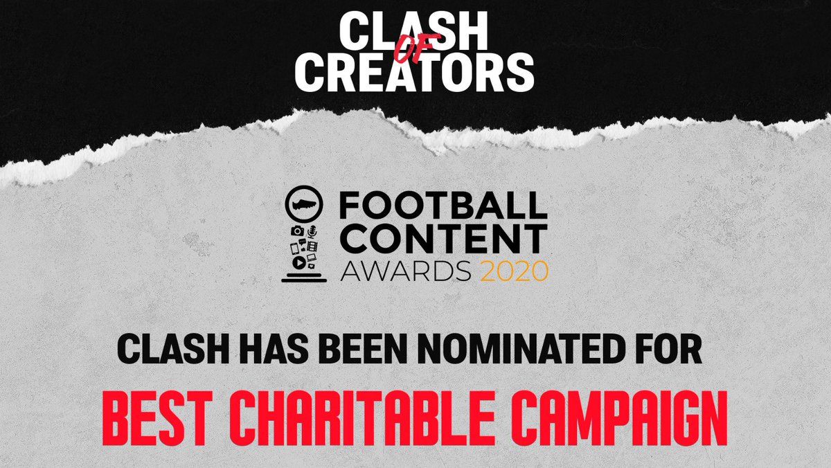 CLASH OF CREATORS (@clash_creators) on Twitter photo CLASH HAS BEEN NOMINATED FOR AN AWARD!
Please vote for us at the <a href="/The_FCAs/">Football Content Awards</a> for “Best Charitable Campaign” It would mean the world to us if you could vote!
footballcontentawards.com/voting/ CLASH HAS BEEN NOMINATED FOR AN AWARD!
Please vote for us at the <a href="/The_FCAs/">Football Content Awards</a> for “Best Charitable Campaign” It would mean the world to us if you could vote!
footballcontentawards.com/voting/