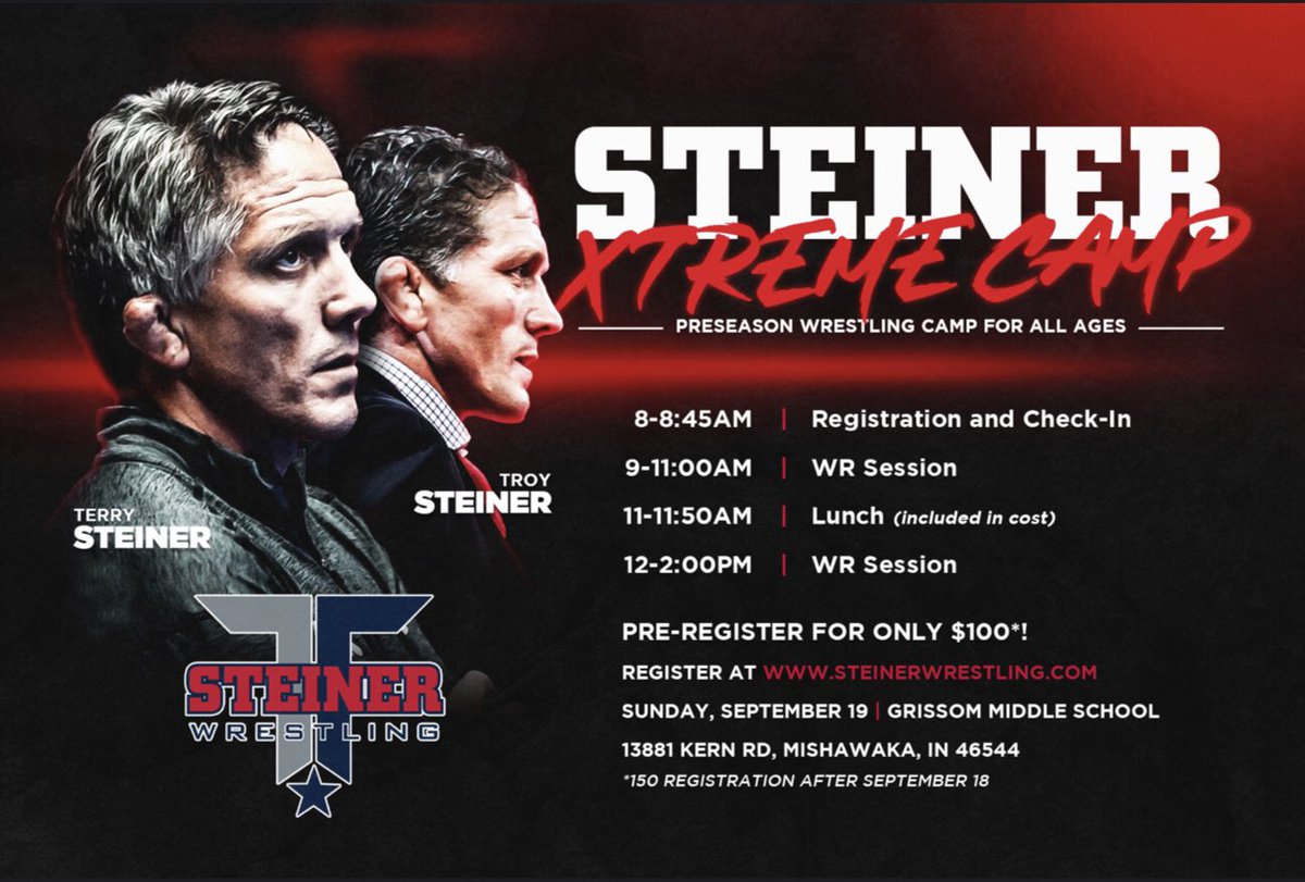 Steiner Wrestling is coming to you, Indiana! September 19 at Grissom Middle School. Register at steinerwrestling.com 🤼‍♂️

Lead the charge
Embrace the battle
Expect success