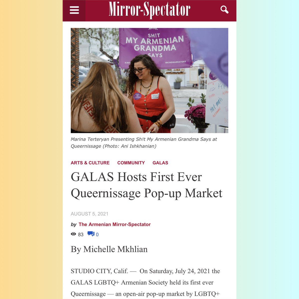 GALAS is honored to have been featured in <a href="/LAmag/">Los Angeles Magazine</a>, <a href="/ArmenianWeekly/">The Armenian Weekly</a>, and <a href="/MirrorSpectator/">Mirror-Spectator</a> this past month. We are so proud of our community and thankful for the love and support you all have shown GALAS and Queernissage. Visit the link in our bio to access the articles! 🇦🇲❤️🏳️‍🌈
