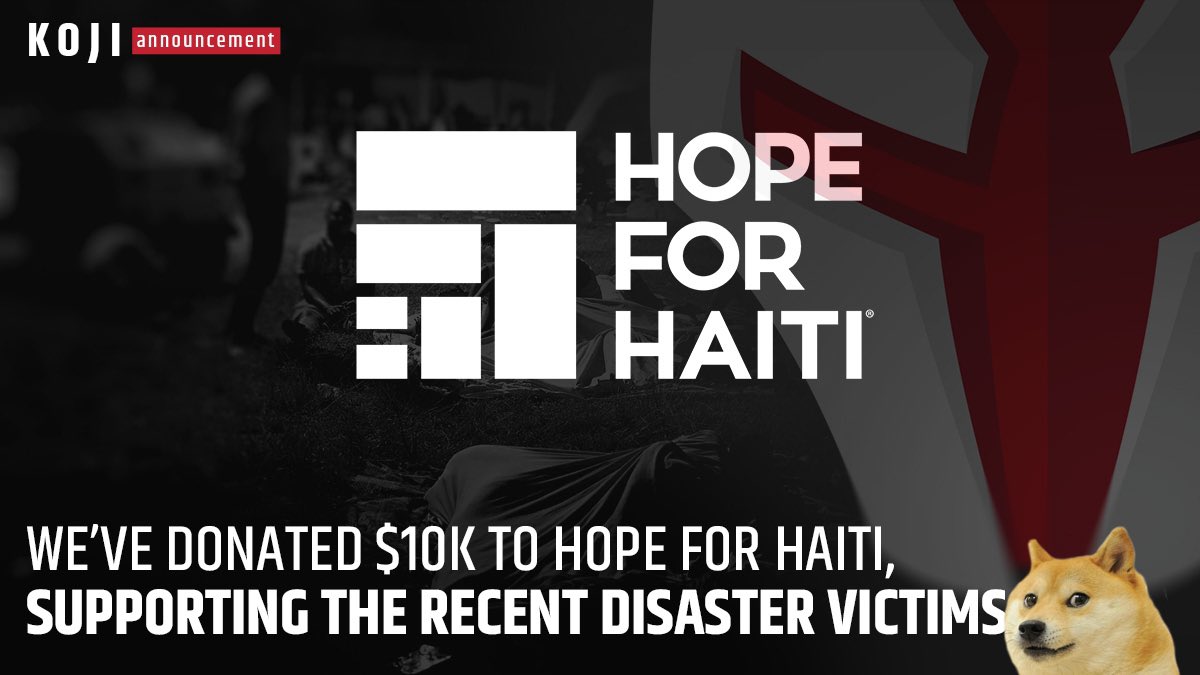 kojiearth's tweet photo. $KOJI has made its third charity donation to @HopeforHaitiFL, we donated 30,000+ $doge the equivalent to over $10,000! Join the telegram for more information! https://t.co/4sX8Oxgbq6 #charity #Haiti #dogearmy #doge #dogoodeveryday #crypto https://t.co/OFiBzyLcxJ