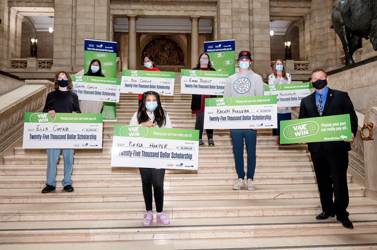 Congratulations to the winners of the $25,000 vax to win scholarships. Thank you for helping to #ProtectMB and good luck in your post secondary studies. 📢 Manitoba Announces Scholarship Winners in Vax to Win Lottery bit.ly/386sQs3