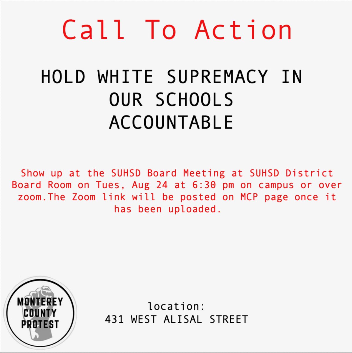 CountyProtest's tweet image. Call to action for Salinas. School board meeting on Aug 24th