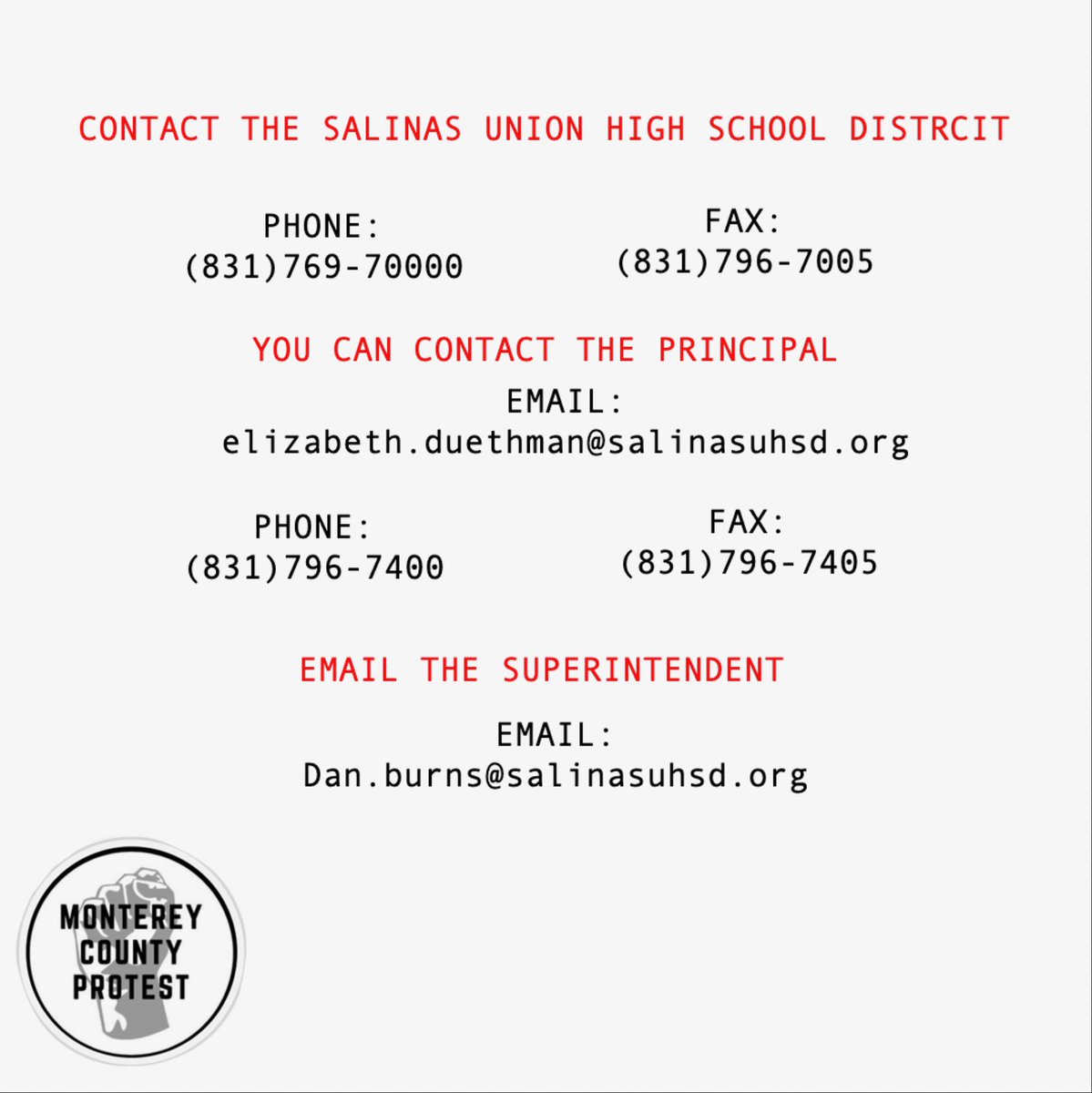 CountyProtest's tweet image. Call to action for Salinas. School board meeting on Aug 24th