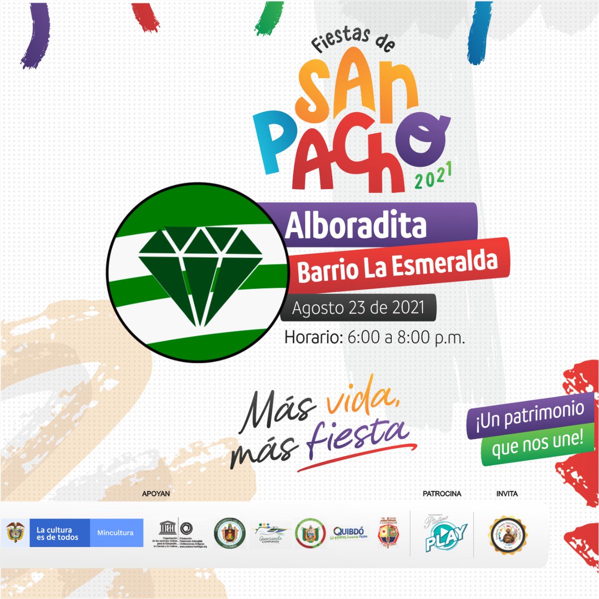#Alboraditasbarriales2021 
Los esperamos hoy en la Cacha del barrio La Esmeralda para disfrutar de una experiencia cultural llena de música, baile y gastronomía 🥳🎉Se acerca San Pacho🎊🥁🎷💃🏾🕺🏽
🔸️Apoya: <a href="/GobChoco/">Gobernación del Chocó</a> <a href="/mincultura/">MinCultura Colombia</a>