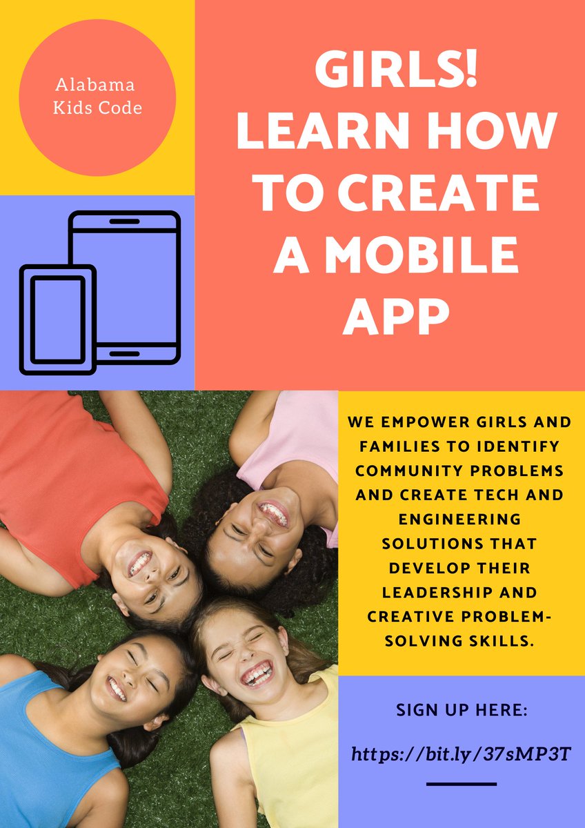 AlabamaKidsCode's tweet photo. WAITLIST! Classes start in September.
We empower girls to identify community problems and create tech and engineering solutions that develop their leadership and creative problem-solving skills.
#MobileAppCreation #Girls #STEAM #STEM #Technology #App https://t.co/rUKwcTNB9F