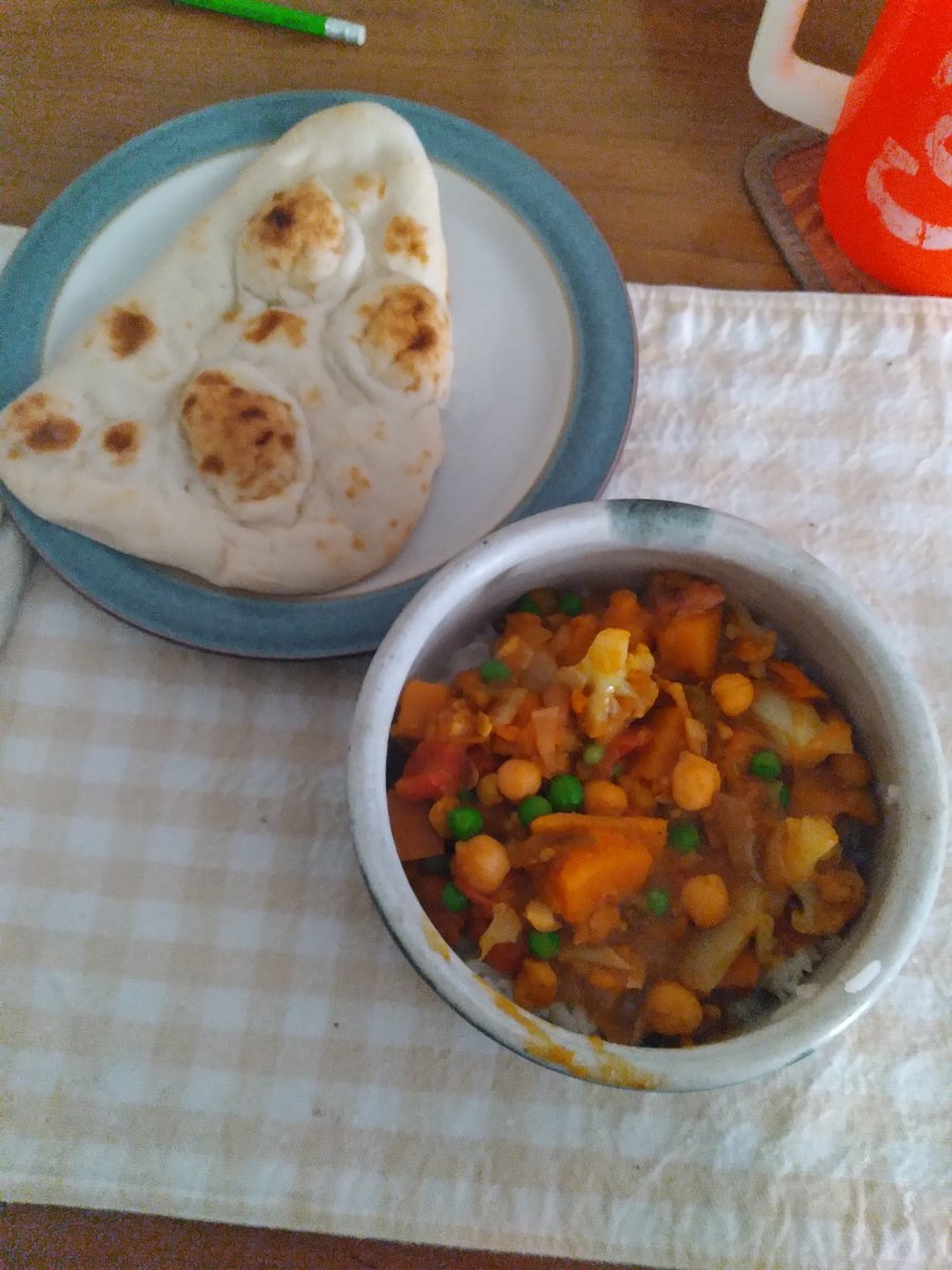 A bowl of curry & a plate of Naan, both resting on a checked placemat. 