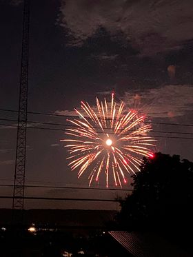 exploreclarion's tweet photo. Clarion County Photo of the Day: Fireworks in Knox during Horsethief Days, with the full moon directly in the middle. Photo submitted by Casey Mullooly. https://t.co/4GGhWp9U30