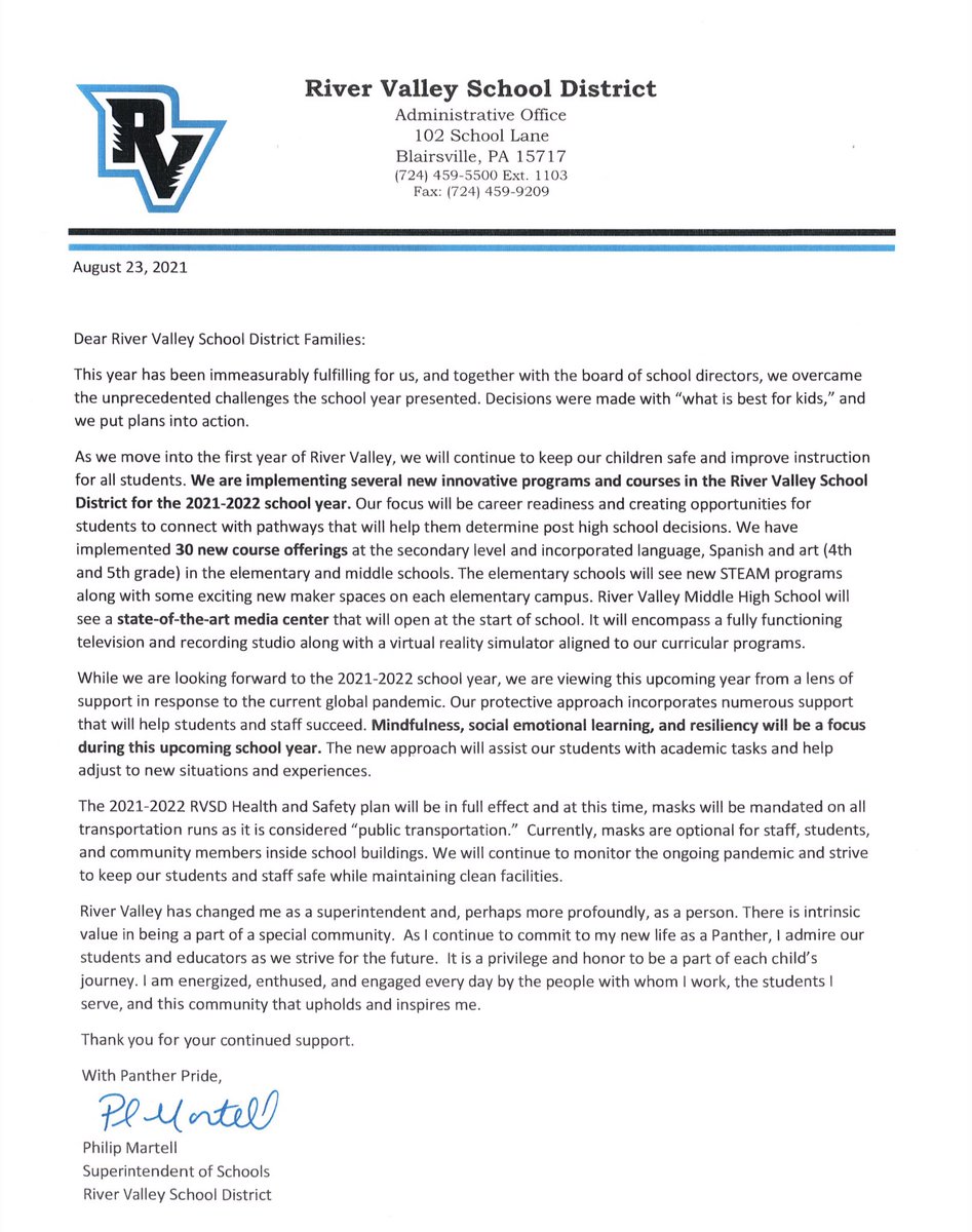 A letter from the Superintendent