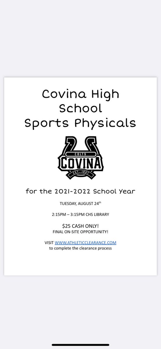 Sports Physicals on campus Tuesday! See flyer below! 🤼‍♂️⛹🏽‍♀️⚽️🏀🏈⚾️🥎🎾 @covinabball @CovinaBaseball <a href="/CovinaGBBall/">Covina GirlsBasketball</a> <a href="/ColtCovina/">Covina Colt Wrestling</a> <a href="/CovinaSoftball/">Covina HS Softball</a> <a href="/CovinaHighASB/">Covina High ASB</a>