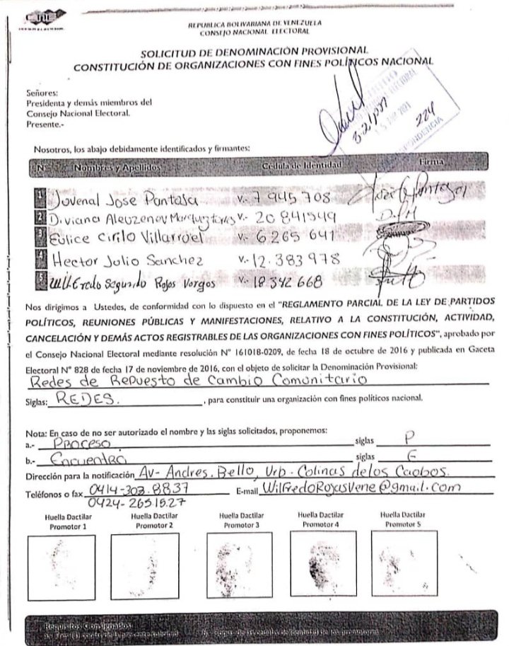 juvenaljosepant's tweet photo. rector E.Marquez del CNE aquí está este documento que entregamos este mismo años 15 de abril del 2021 donde solicitamos el estatus de nuestras sigla Redes de cambio comunitario nosostros hemos cumplido todos los paso jurico. Ya quedé del CNE .
#QuePasoConRedes
#CNEHablenClaro https://t.co/5yhkT37xAv
