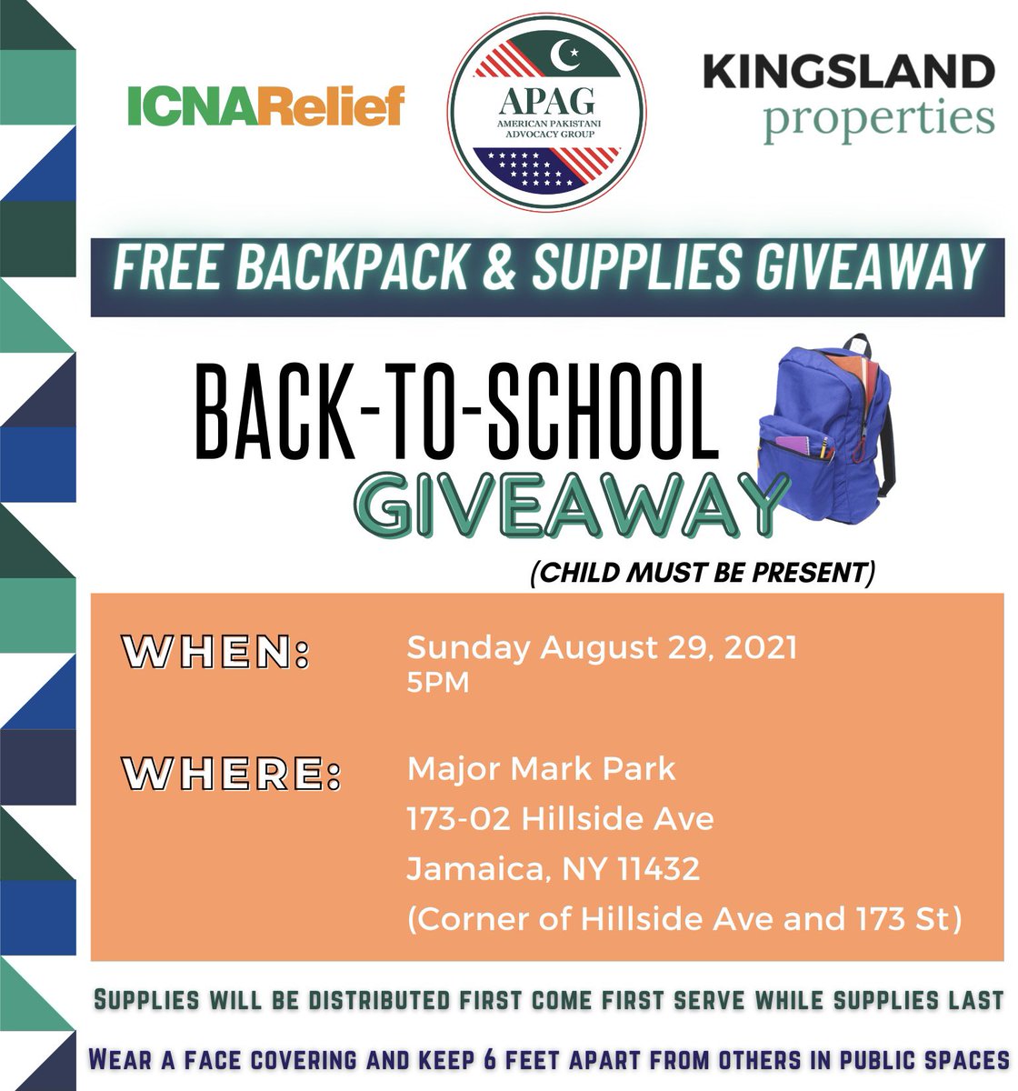 APAGUSA's tweet photo. APAG in collaboration with ICNA Relief and Kingsland Properties will conduct a Back To School Giveaway & will distribute FREE Book Bags & School Supplies this Sunday.
#APAG #communityservice #backtoschool #bookbags #schoolsreopening #schoolsandcommunitiesfirst #schoolsupplies https://t.co/oaVO6FIDSA