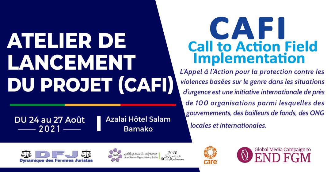 Atelier de lancement du projet CAFI,c'est du 24 au 27 août 202 à partir de 09h à l'hôtel Azalaï (près du deuxième pont)                                         
<a href="/dynamique/">judith serreau</a> des femmes juristes 
<a href="/arabwoman/">Arab</a> organization of Jordan-Awo 
<a href="/CARE/">CARE (care.org)</a> 
@GMCEndFGM 

#CAFI
Stop VBG