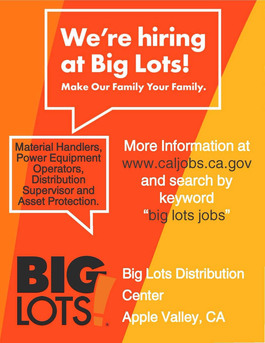 AppleValleyCA's tweet photo. @BigLots Distribution Center in north Apple Valley is now hiring! 

Visit https://t.co/ckFYNkm3Z0 and search by keyword "Big Lots jobs".

#jobs #nowhiring #worklocal #industrial #distribution #econdev https://t.co/92gxNfLP7k