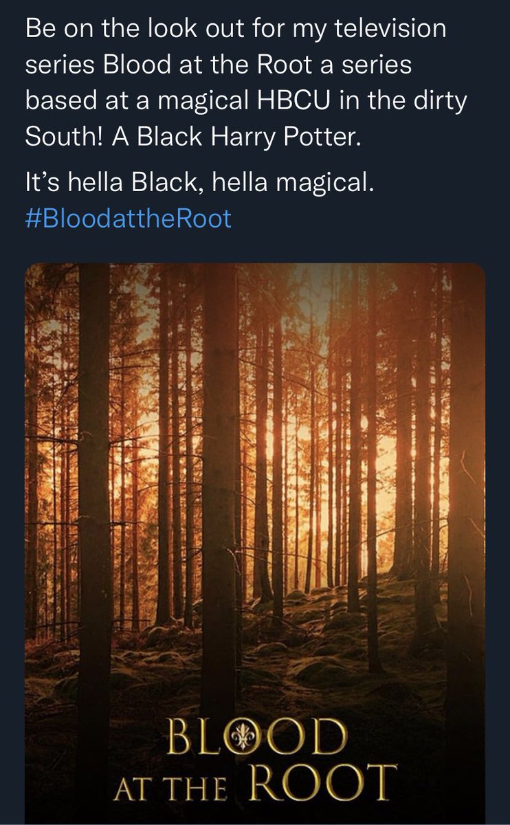 ItsLaDarrion's tweet photo. It all started with a tweet. “What if Harry Potter went to a HBCU in the South?”
Welp—I am happy to announce I am officially repped by @petejknapp and @ParkandFine. #BloodattheRoot🩸⚜️ is going to be a YA fantasy novel! Black witches. A magical HBCU! And college pooorties!🪄⚜️ https://t.co/mlmynq88Hw