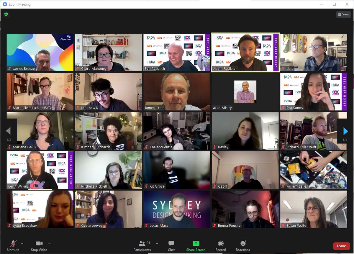 UXAustralia's tweet photo. Last night's Mega Meetup with @ixda_sydney #EuxSydney #SydneyCCX & #SydneyDesignThinking was great! We hope to meet many of you at #UXA2021 this week - Starting today! https://t.co/yuEN8lfjjG