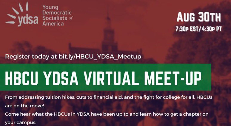 txsuydsa's tweet photo. Students at HBCUs organized their campuses in support of Bernie during the 2020 Election Cycle, but the work to win socialism didn’t stop there. 

Come learn more about the work of HBCUs and how you can get a chapter started at your HBCU! 

Register here: https://t.co/w1yUi2wIqK https://t.co/o77D6WGOIy