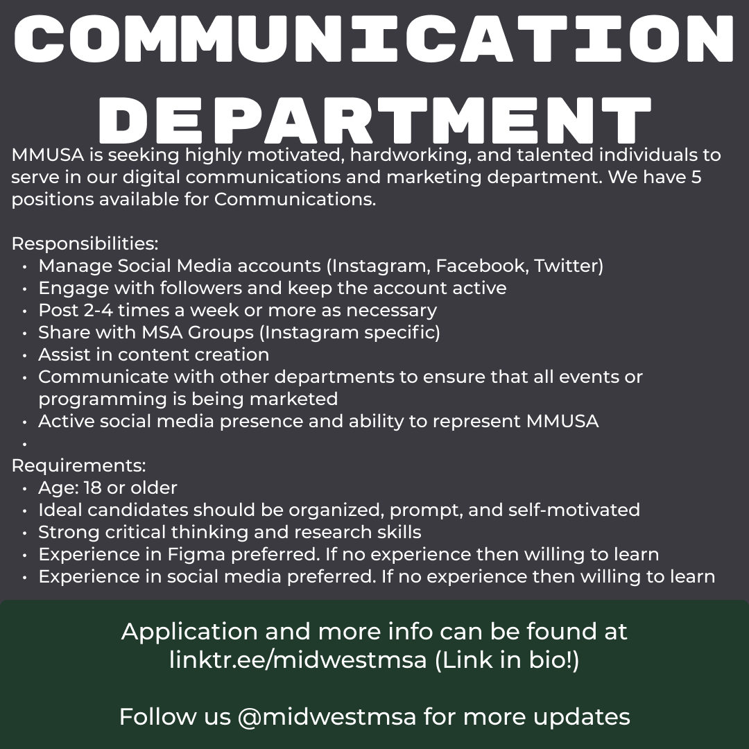 MMUSA is expanding our team this year to take on more projects and help Midwest MSAs this year in any way we can! Come join our team and help us help MSAs! 
.
#mmusa #msa #islam #midwest #muslimstudent #muslim #college #studentorg #youngmuslim