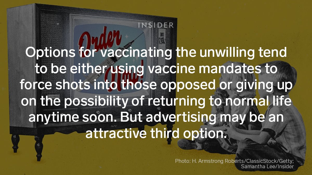 Black-and-white vintage-style photo edit shows two children against a yellow background watching a TV that says, “Order now!” with a vaccine needle. It is overlaid with text that reads: “Options for vaccinating the unwilling tend to be either using vaccine mandates to force shots into those opposed or giving up on the possibility of returning to normal life anytime soon. But advertising may be an attractive third option.”