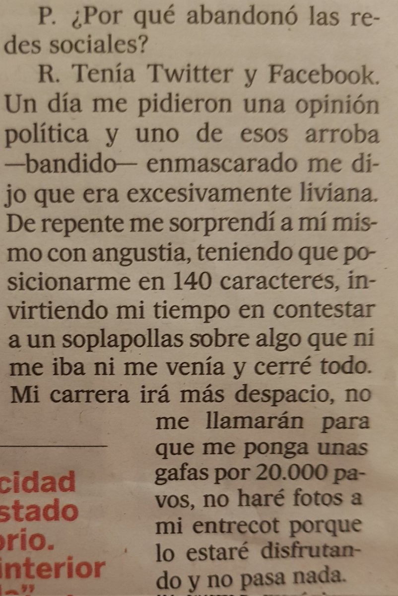 "No me llamarán para que me ponga unas gafas por 20.000 pavos, no haré fotos a mi entrecot porque lo estaré disfrutando y no pasa nada".
(Magnífico Hovik Keuchkerian, al que conocimos por Antidisturbios, entrevistado por la gran <a href="/nataliajunquera/">Natalia Junquera</a>), via <a href="/el_pais/">EL PAÍS</a>