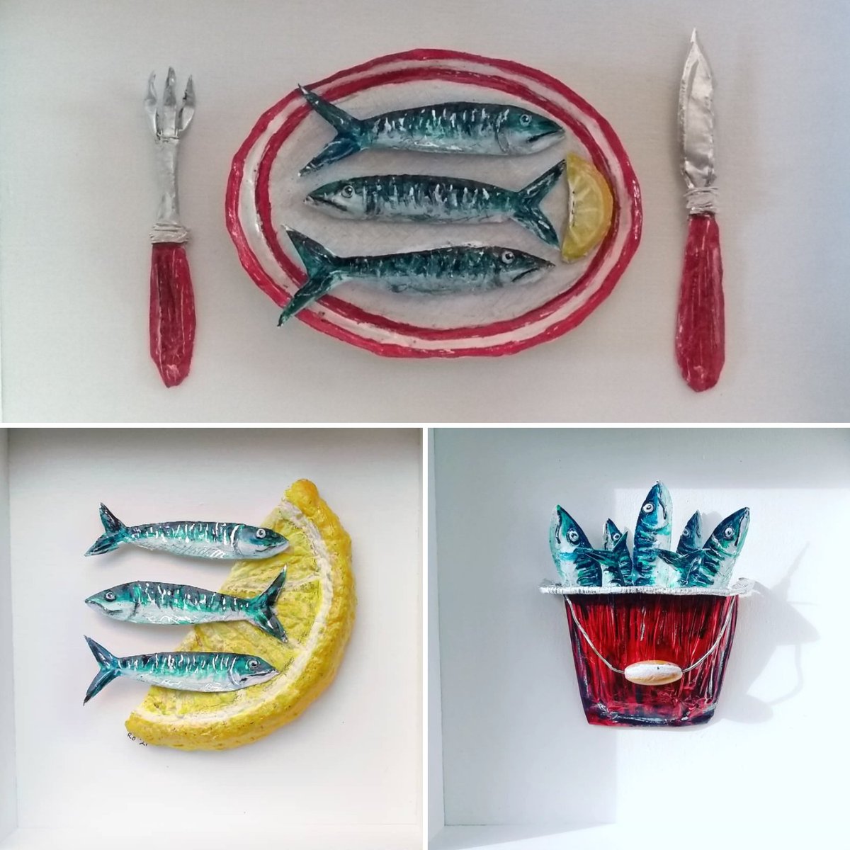 BlakewayRachael's tweet image. It&apos;s all a bit fishy!🐟 These 3 mackerel pics will be in Kington this weekend as part of @marchesmakers festival and another set will be @artinpenallt also this weekend. Give a fish a home! #recycledart #reducereuserecycle♻️  #quirkydesign #welshart @Welsh_art