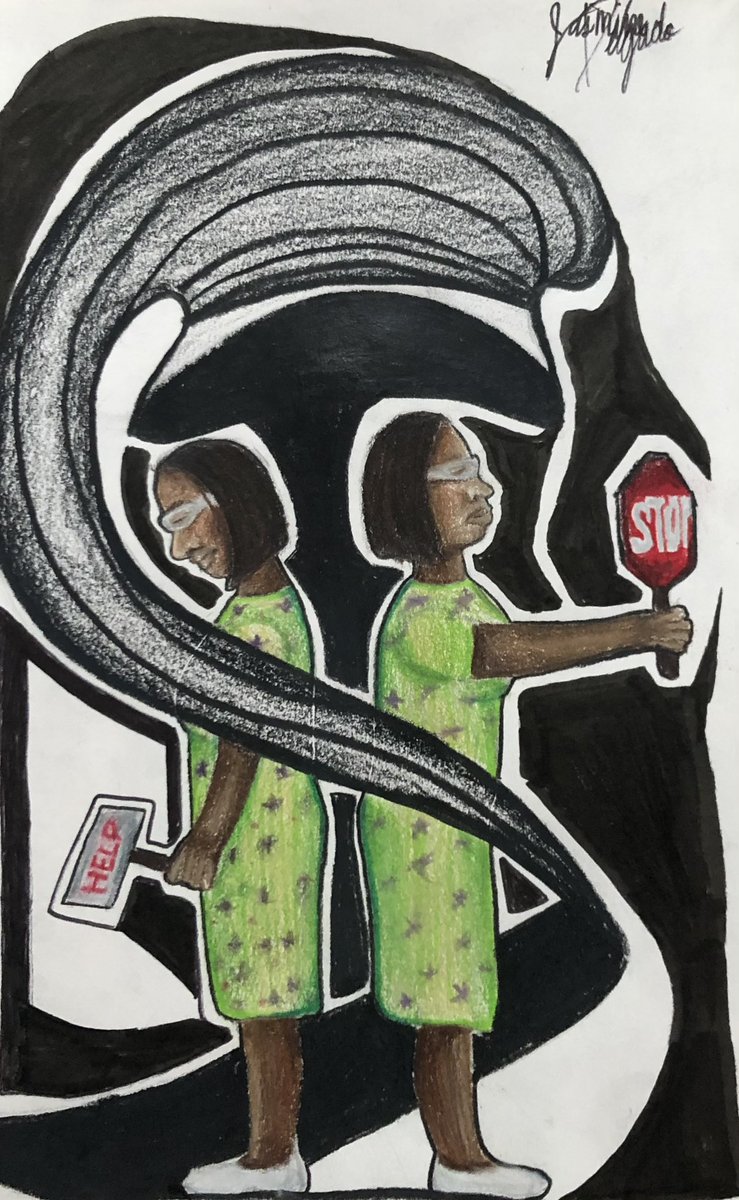 TCNJ_SummerRead's tweet photo. “An example of trauma being embedded in a community is the story of Miss J. In my drawing I depicted 2 sides of her…” #firstyearstudents #tcnj discuss #thedeepestwell @DrBurkeHarris https://t.co/x4RKTlMguc
