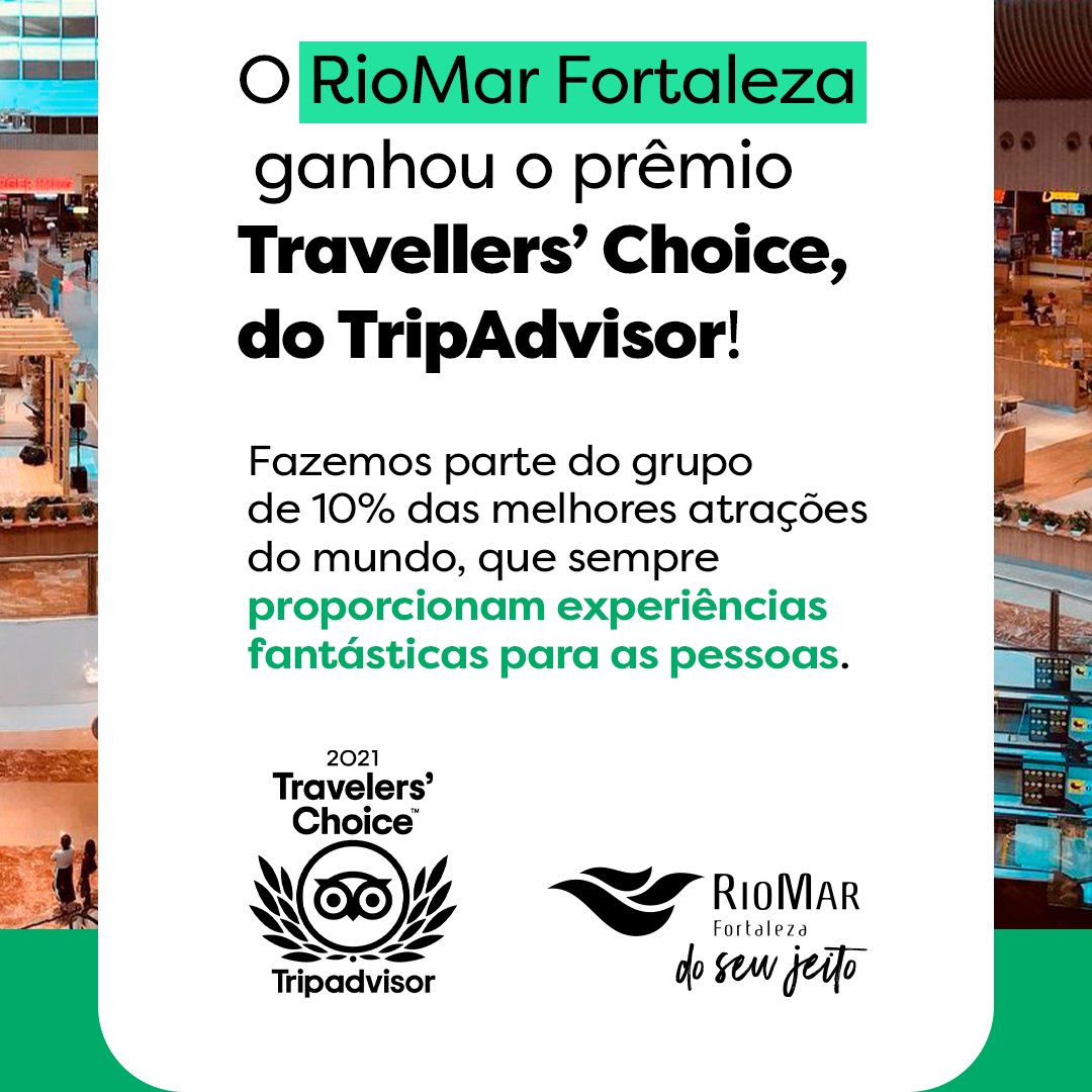 O RioMar Fortaleza ficou em 2º lugar de 168 espaços em "Coisas para fazer em Fortaleza". O prêmio Travellers’ Choice celebra atrações que sempre proporcionam experiências fantásticas aos clientes do mundo todo que nos visitam. Obrigado! #TravellersChoice