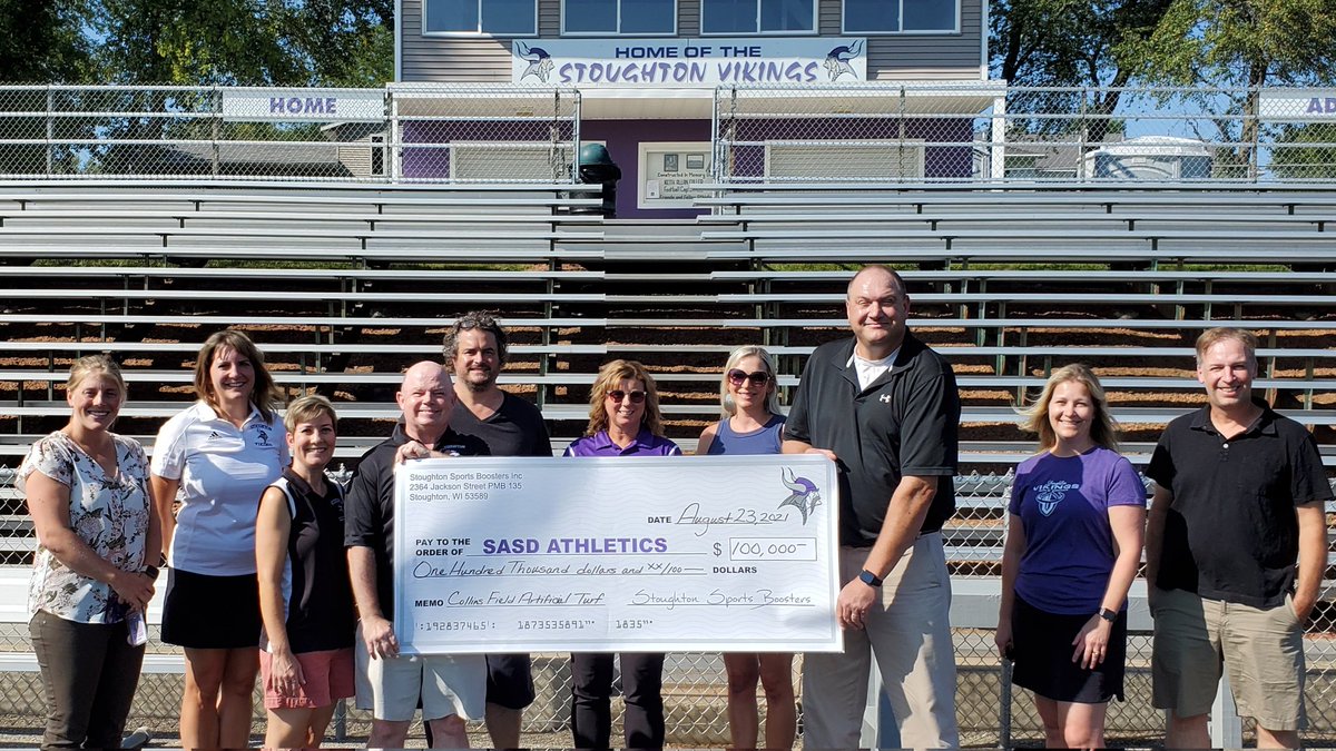 Stoughton Sports Boosters (@vikingboosters) on Twitter photo A BIG THANK YOU & BIG DONATION! Stoughton Sports Boosters present a check for $100,000 to SASD for the Collins Field Artificial Turf! Your generous contributions made this possible! GO VIKINGS! 💜
<a href="/AD_Stoughton/">StoughtonAD</a> <a href="/TheVikingShip1/">The Viking Ship</a> <a href="/WeAreStoughton/">Stoughton Area School District</a> A BIG THANK YOU & BIG DONATION! Stoughton Sports Boosters present a check for $100,000 to SASD for the Collins Field Artificial Turf! Your generous contributions made this possible! GO VIKINGS! 💜
<a href="/AD_Stoughton/">StoughtonAD</a> <a href="/TheVikingShip1/">The Viking Ship</a> <a href="/WeAreStoughton/">Stoughton Area School District</a>