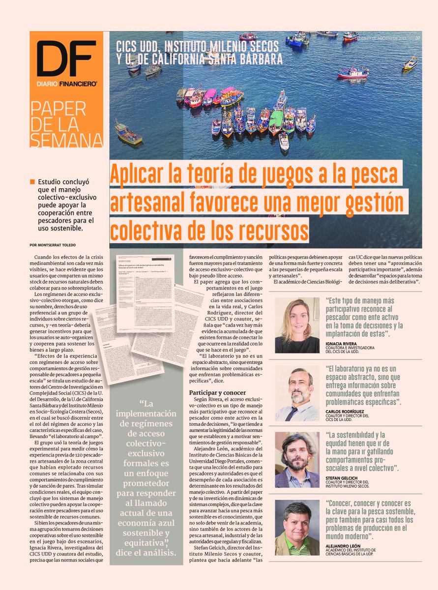 MilenioSecos's tweet photo. #Prensa Hoy @diariofinanciero publicó nota basada en paper de @ConBiology, que reveló que sistemas de manejo colectivo y participativo con derecho exclusivo sobre recursos marinos, como las #AMERBs, favorecen la cooperación entre pescadores y la sostenibilidad. https://t.co/3Z0IkhNwki