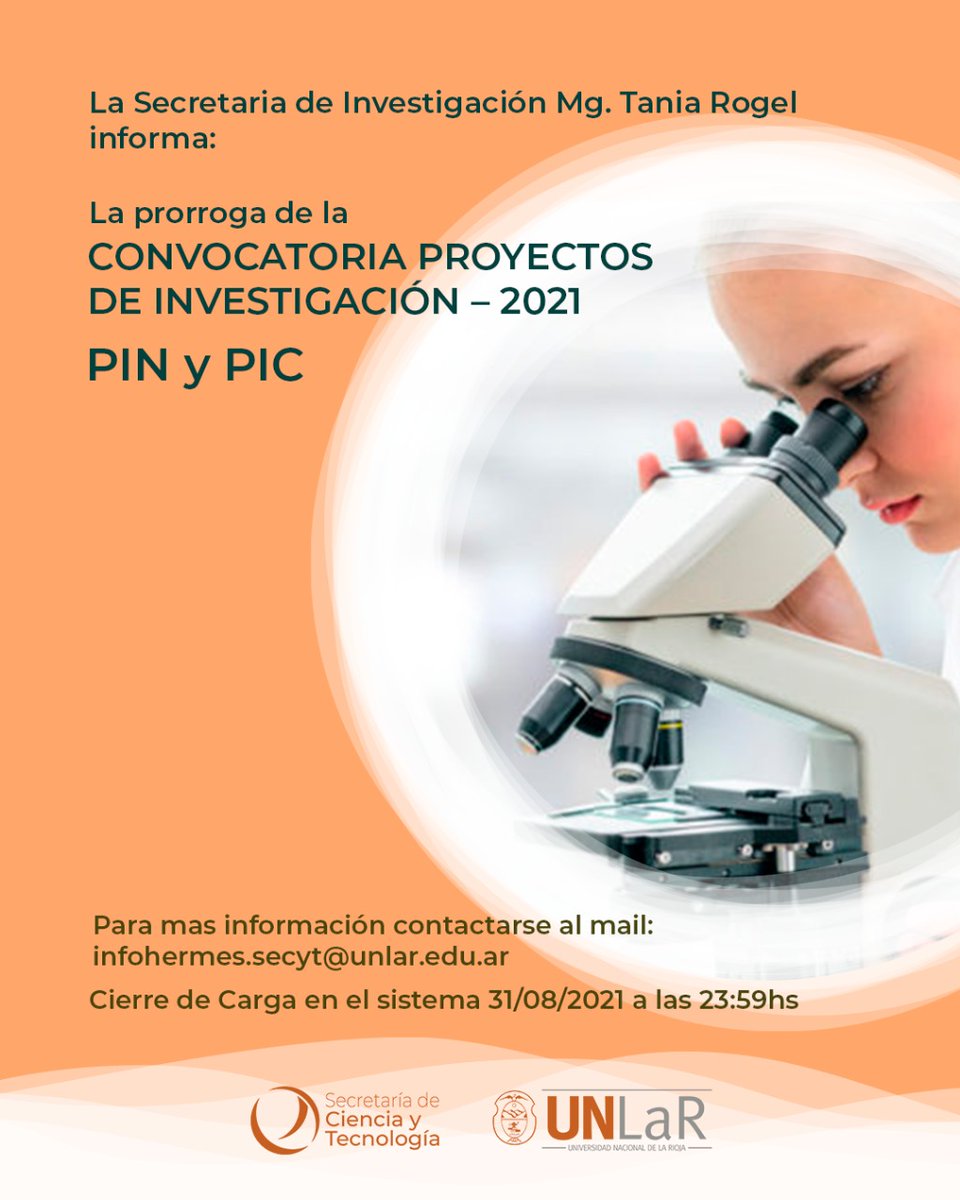 Secytunlar's tweet photo. Se extiende la Convocatoria para la presentación de  Proyectos de Investigación 2021 - PIN PIC

Información: infohermes.secyt@unlar.edu.ar

 #secyt #secytunlar #unlar https://t.co/YDznO8wkQP