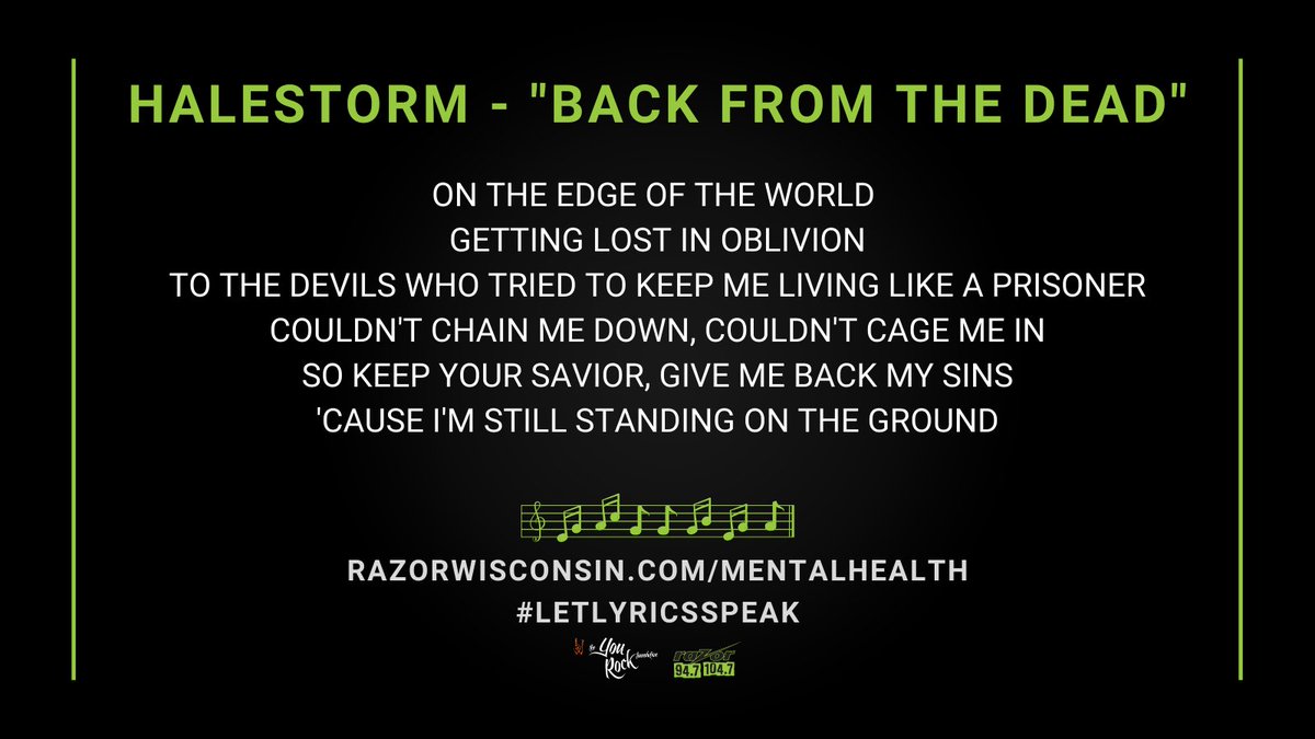 #LetLyricsSpeak <a href="/Halestorm/">Halestorm</a>
<a href="/LZZYHALE/">Lzzy Hale</a> #BackFromTheDead <a href="/YouRockFNDN/">You Rock Foundation</a>

#IAmRazor #RazorWisconsin   #MentalHealthMatters #Halestorm
bit.ly/RazorIMatter