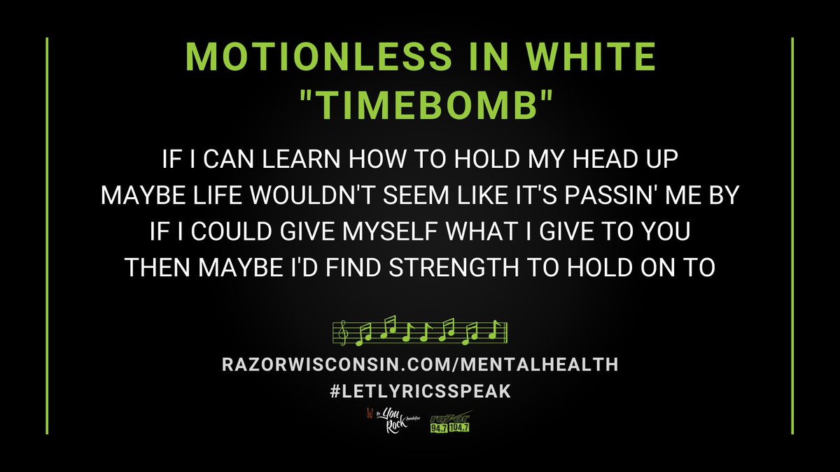 #LetLyricsSpeak <a href="/MIWband/">Motionless In White</a>
<a href="/ChrisMotionless/">Chris Motionless</a> #Timebomb <a href="/YouRockFNDN/">You Rock Foundation</a>

#IAmRazor #RazorWisconsin   #MentalHealthMatters #MotionlessInWhite #MIW 
bit.ly/RazorIMatter