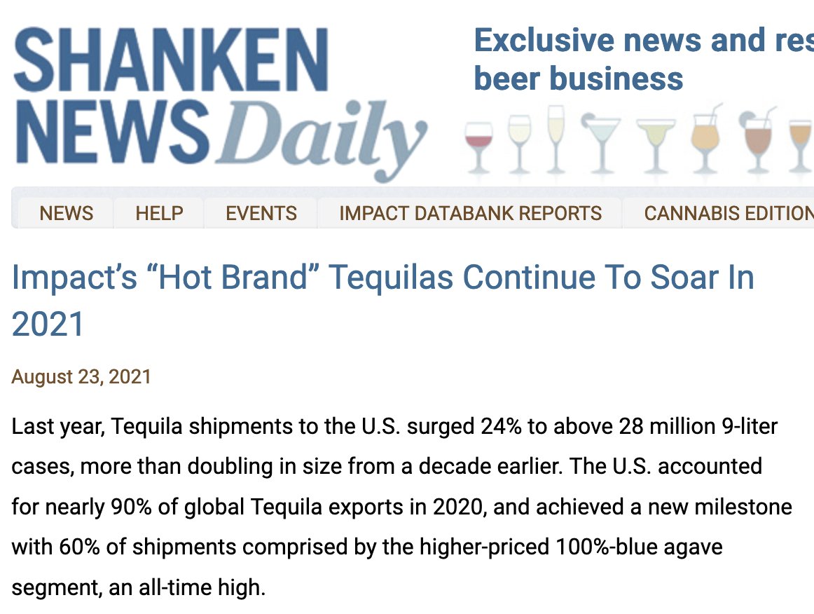 cmtequila's tweet image. Favorable Tequila Market Backdrop: Impact’s “Hot Brand” Tequilas Continue To Soar In 2021 
shankennewsdaily.com/index.php/2021… 
Tequila shipments ... stocktwits.com/CasaMexicoIR/m…