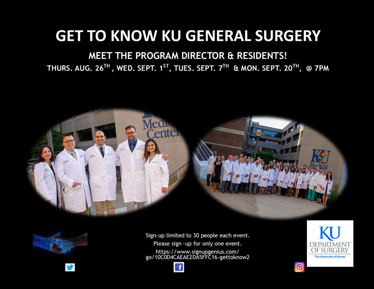 Meet the KU general surgery residents and program director prior to the 2021-2022 interview season. The first date is this Thursday Aug. 26th. We can’t wait to meet you! #medtwitter #gensurgtwitter signupgenius.com/go/10C0D4CAEAE…